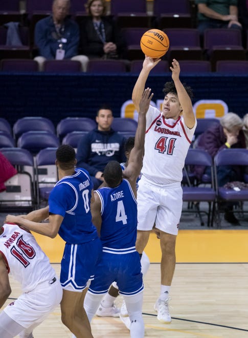 Brayan Au (41) shoots during the University of Texas at Arlington vs. Louisiana men’s basketball game in the first round of the Sun Belt Conference championship tournament at the Pensacola Bay Center in Pensacola on Thursday, March 3, 2022.