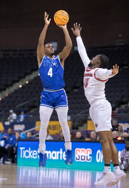 David Azore (4) shoots during the University of Texas at Arlington vs. Louisiana men’s basketball game in the first round of the Sun Belt Conference championship tournament at the Pensacola Bay Center in Pensacola on Thursday, March 3, 2022.